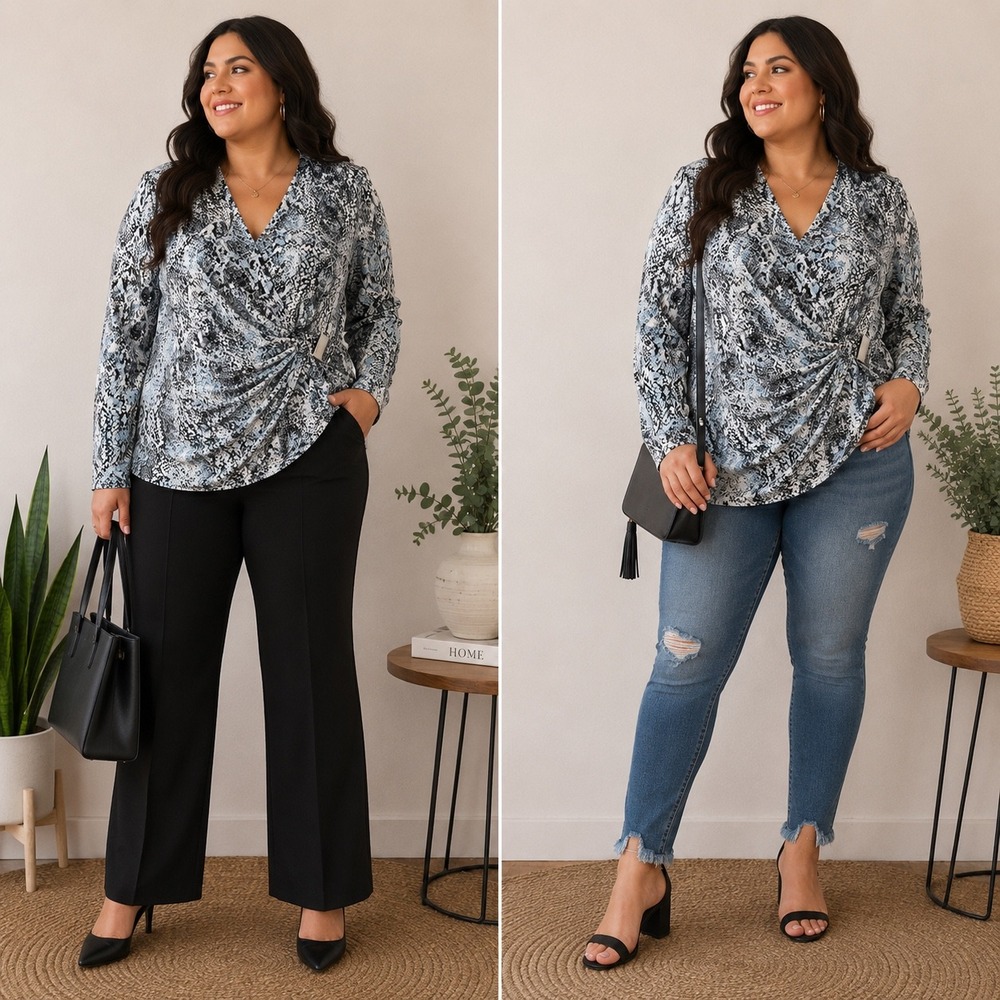 Calvin Klein L Snake Print Faux Wrap Blouse Buckle Long Sleeve Stretch Office